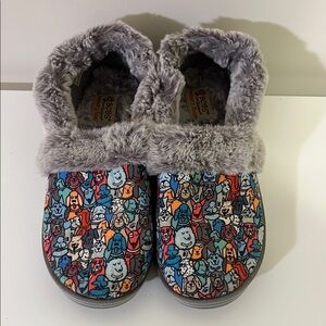 BOBS Colorful Dog Print Slippers with Faux Fur Lining, Womens 8